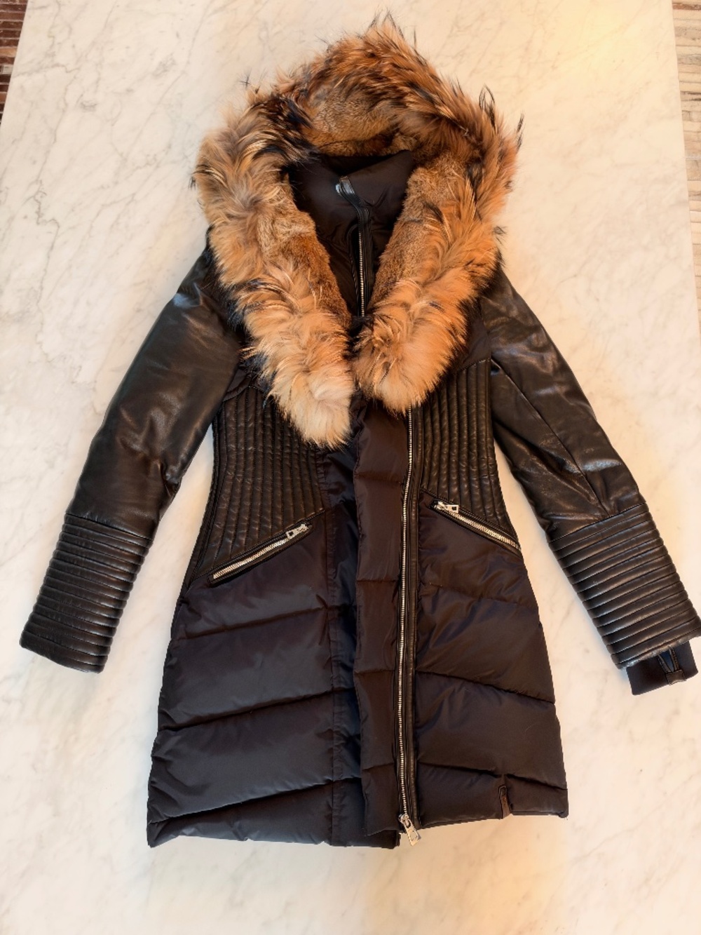 RUDSAK Grace Black Down Parka Leather Sleeves Fur Hood